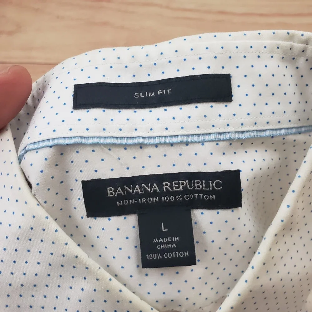 Banana Republic Shirt Mens L 16 White Blue Slim Fit Non-Iron‎ Dress Micro Dot *